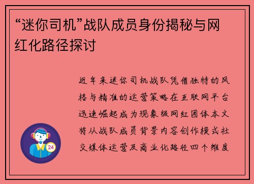 “迷你司机”战队成员身份揭秘与网红化路径探讨
