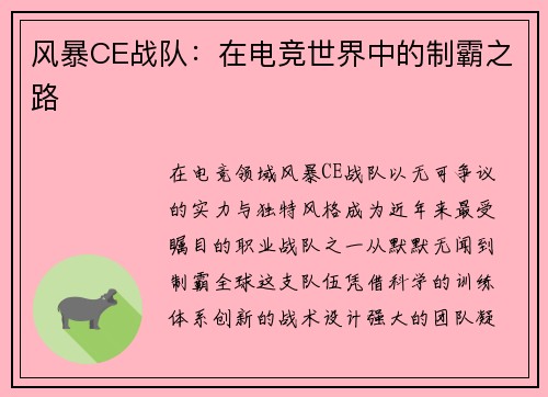 风暴CE战队：在电竞世界中的制霸之路