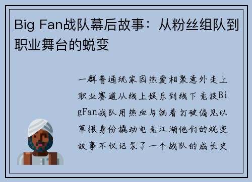 Big Fan战队幕后故事：从粉丝组队到职业舞台的蜕变