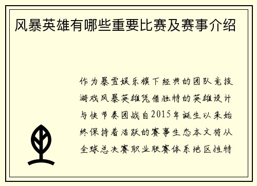 风暴英雄有哪些重要比赛及赛事介绍